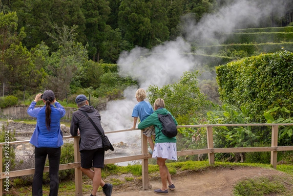 Obraz Tourists looking at Caldera in Furnas Lake "Lagoa das Furnas". Caldera is a volcanic steam for cooking food in the ground. São Miguel island, Azores