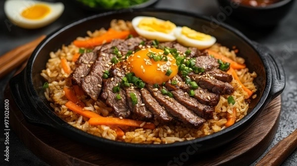 Obraz Korean fried rice with a delicious spicy and sour kimchi sauce topping with nicely arranged pieces of grilled beef and a creamy half-boiled egg and sweet carrots.