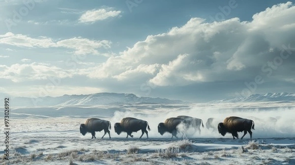 Fototapeta A herd of bison crossing a snow-covered plain, their breath forming clouds in the cold winter air under a cloudy sky.