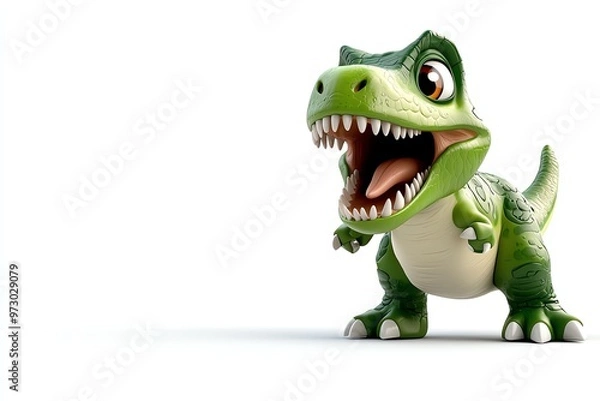 Fototapeta A playful green dinosaur figure with a cheerful expression, suitable for children's themes, animation, and toy design.