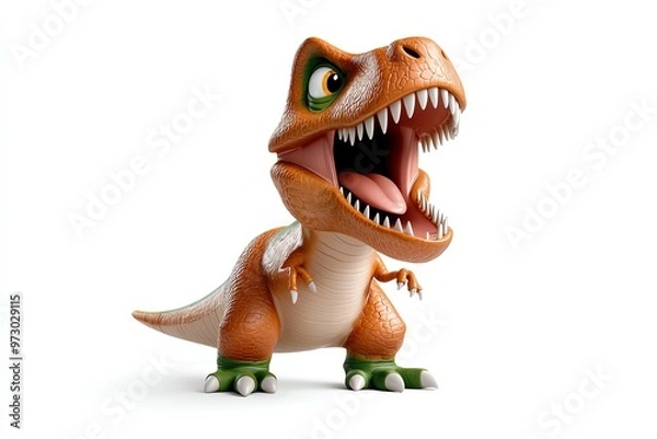 Fototapeta A playful cartoon dinosaur character with exaggerated features, showcasing vibrant colors and a joyful expression.