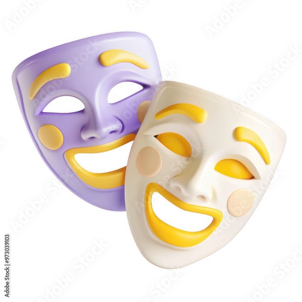 Fototapeta Image of two colorful comedy masks with exaggerated smiling faces representing theater and performance.
