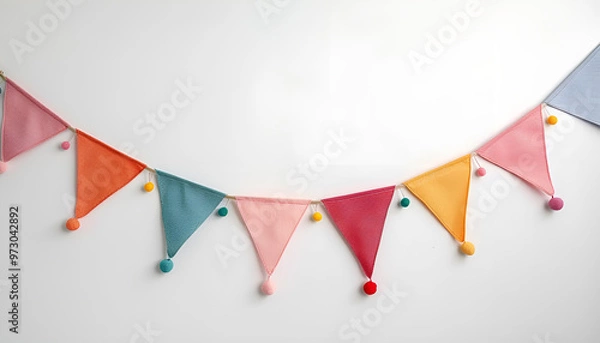Fototapeta Bunting with colorful triangular flags on white background. Festive decor