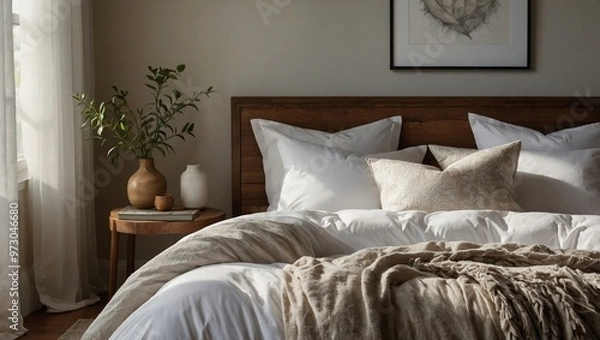 Obraz A sunlit bedroom with a crisp white duvet and pillows, exuding a peaceful and inviting ambiance through the use of soft natural light.