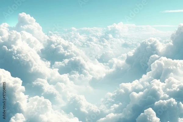 Fototapeta A soft cloudscape with fluffy white clouds against a light blue sky, creating a dreamy and calming effect. Perfect for promoting mental and emotional well-being
