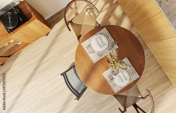 Fototapeta 子育て夫婦のダイニングキッチン　北欧アンティーク　俯瞰　お洒落なインテリア