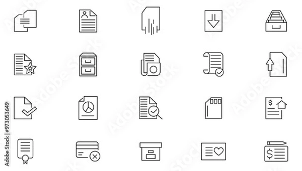 Fototapeta Document line icon set.  Order application, report paper containing passport, contract, agreement, ID card, certificate, license, law, and justice line icon set. UI thin line icon pack.