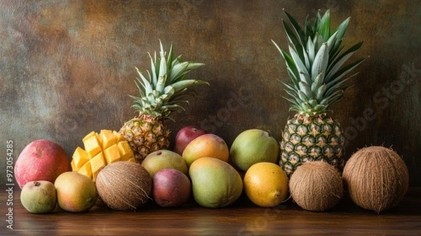 Fototapeta A collection of tropical fruits, including pineapples, mangoes, and coconuts, arranged on a wooden table.