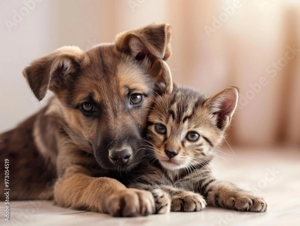 Fototapeta A cute brown and black puppy with a brown and white kitten hugging each other.