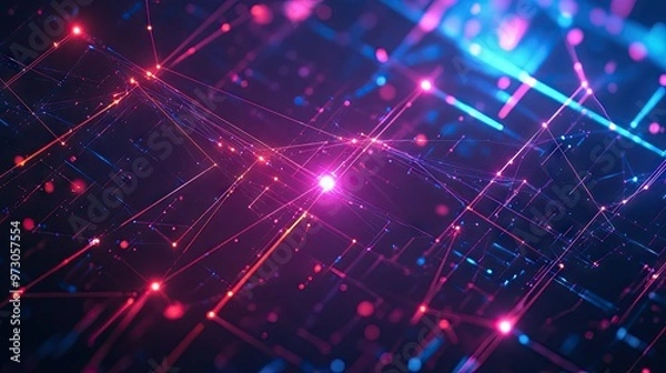 Fototapeta A futuristic abstract background with interconnected glowing lines and nodes in a digital network pattern.