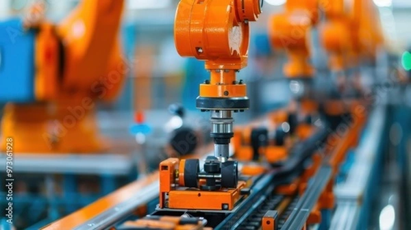 Fototapeta Robotic arm working on a conveyor system in a high-tech industrial factory. Automated manufacturing process.