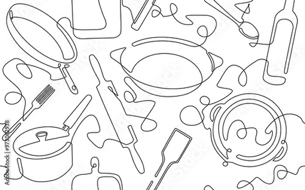 Fototapeta Culinary seamless pattern drawn on a white background. Kitchen utensils in continuous line drawing style.  Minimalist food poster. Vector illustration.