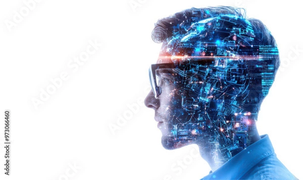 Fototapeta Innovative concept of human intelligence enhanced by technology isolate on transparent background, cutout, png