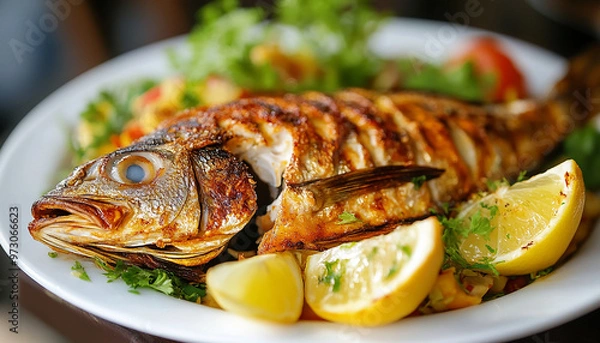 Obraz tasty fried fish on a plate with some green Coriander and lemon generated by AI