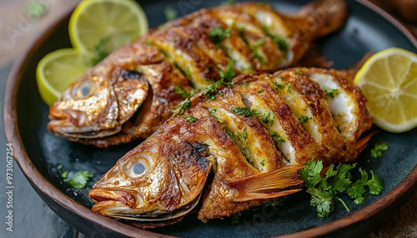 Fototapeta tasty fried fish on a plate with some green Coriander and lemon generated by AI