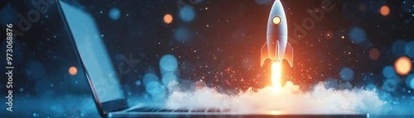Fototapeta Businessman launching a glowing rocket made of creative ideas from a laptop screen, digital innovation, launching a creative business concept.