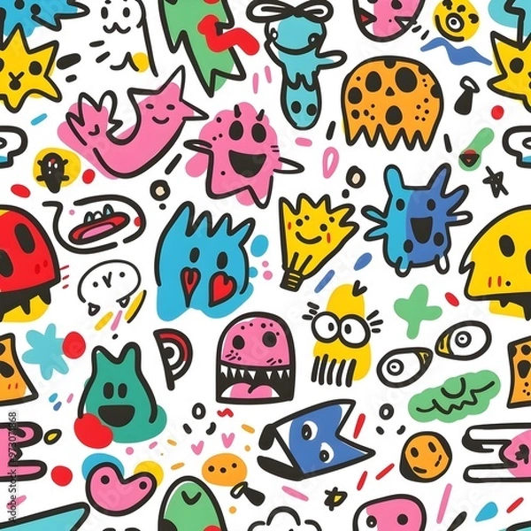 Fototapeta Whimsical Doodle Pattern with Playful Shapes and Characters