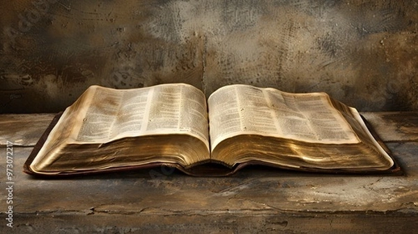 Obraz An open vintage book with worn leather cover, resting on a wooden surface. The pages are filled with text, hinting at wisdom and knowledge within.