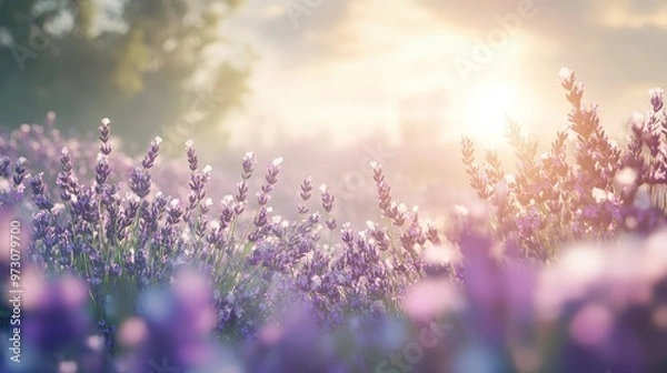 Fototapeta A serene summer backdrop with a field of lavender in full bloom.