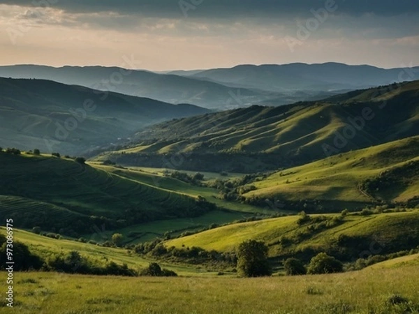 Fototapeta Scenic view over hills and valleys.