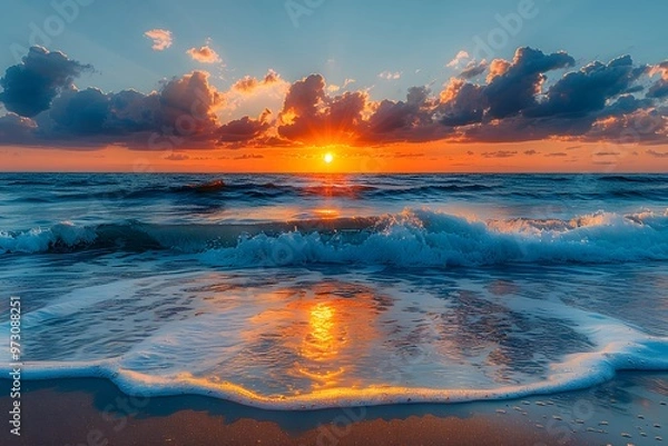 Obraz Breathtaking sunset over calm ocean waves and reflective water surface.