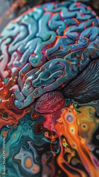 Obraz Abstract illustration of a vibrant human brain in light blue with colorful vasculature evokes creativity and imagination, lacking specific real-world context.