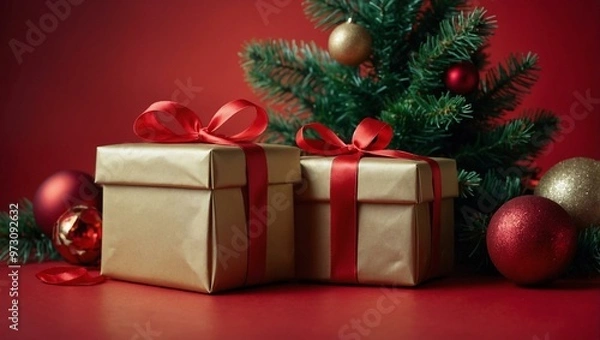 Fototapeta Two gift boxes tied with satin ribbons, complemented by Christmas tree decorations on a vibrant red background with space for text.