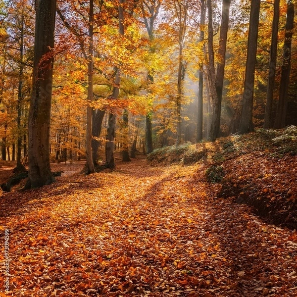 Fototapeta Golden Autumn Leaves Creating a Carpet of Color in a Tranquil Forest