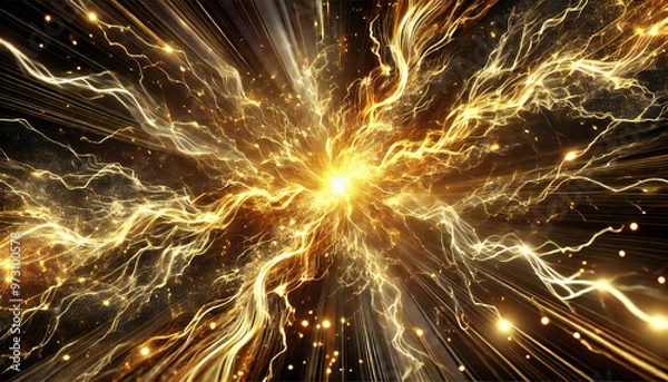Fototapeta 中央から放射する黄金の稲妻. Golden Lightning Radiating from the Center. AI generated.