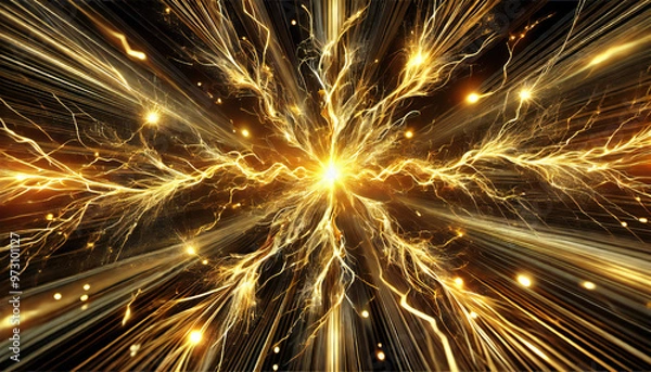 Fototapeta 中央から放射する黄金の稲妻. Golden Lightning Radiating from the Center. AI generated.