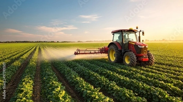 Obraz Modern tractors spray crops on large farmlands