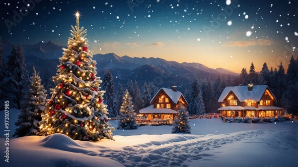 Fototapeta Beautifully decorated Christmas tree with blue and gold ornaments in a snowy winter landscape.