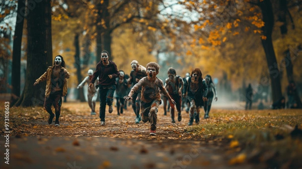 Obraz Zombie-Themed Fun Run, kids and adults dressed as zombies participating in a charity fun run through a city park, Halloween, with copy space
