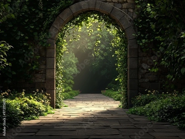 Obraz Stone Archway Leading to a Sunlit Path Through a Lush Garden Perspective Low Angle Composition Rule of Thirds Image Details Stone archway ivycovered wall cobblestone path sun rays