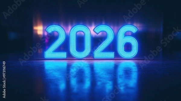 Fototapeta "2026" on an empty solid background with bright blue color, in a futuristic neon style. 32k, full ultra hd, high resolution