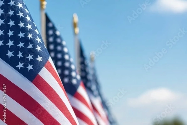 Fototapeta American Flags with Blurred Sky Background and Copy Space Patriotic Stock Photo with generative ai