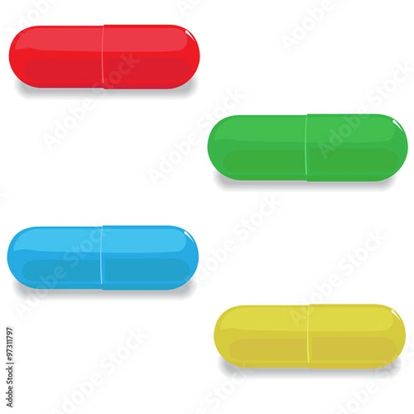 Obraz set of multicolored capsules on a white background. from each capsule falls the shadow.