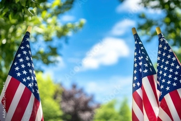 Fototapeta American Flags with Blurred Sky Background and Copy Space Patriotic Stock Photo with generative ai