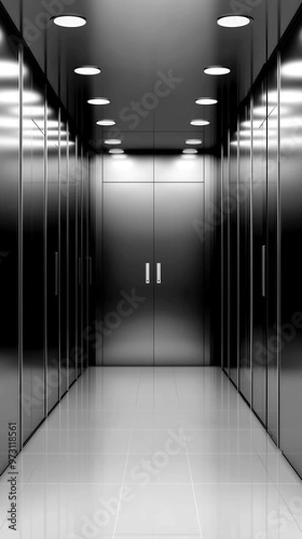 Fototapeta A long hallway with many doors and a lot of light