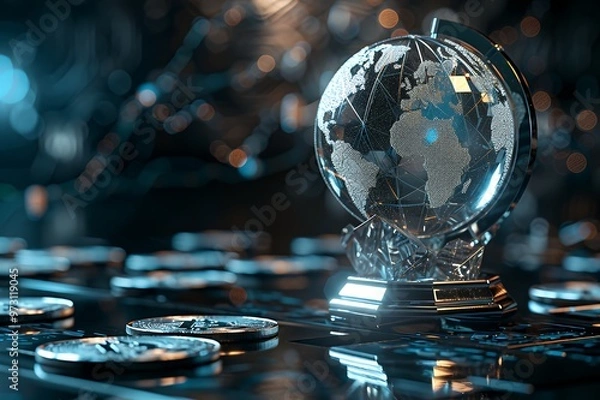 Fototapeta Crystal Globe With World Map Over Cryptocurrency Coins.