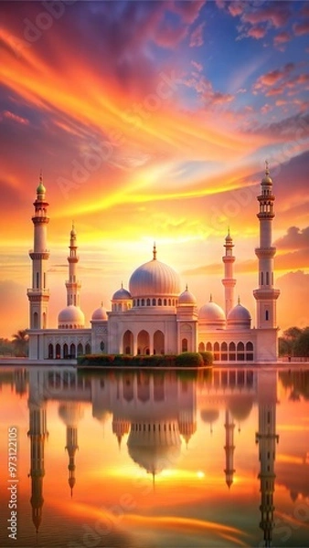 Obraz Stunning mosque reflection during sunset with vibrant skies and serene water surroundings