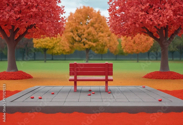 Fototapeta Serene Autumn Park Scene Featuring a Red Bench Surrounded by Vibrant Red and Orange Foliage with Fallen Petals on a Concrete Platform