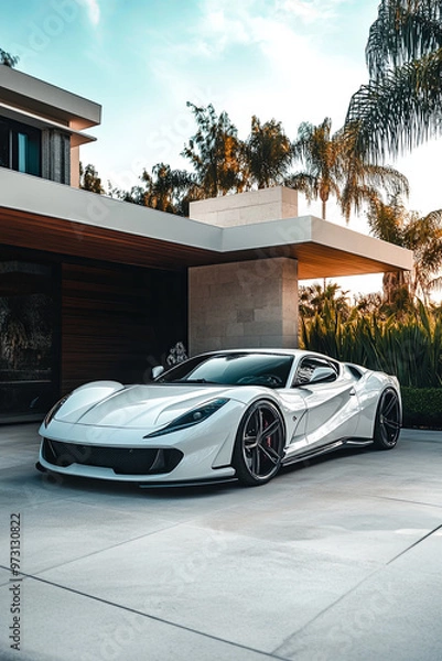 Obraz High-end sports car with sleek lines parked in front of a modern mansion