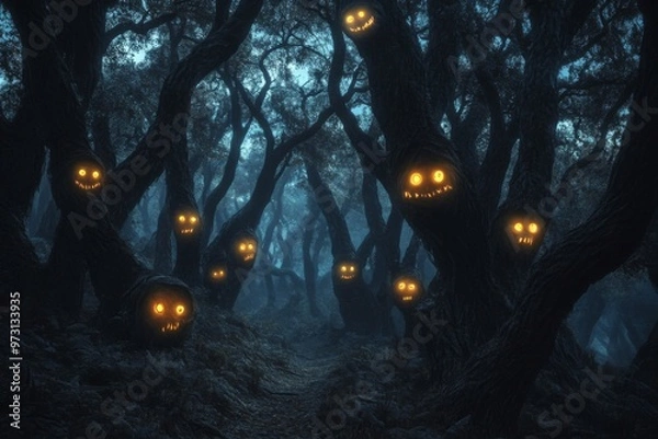 Fototapeta A path through a dark forest with glowing faces in the trees