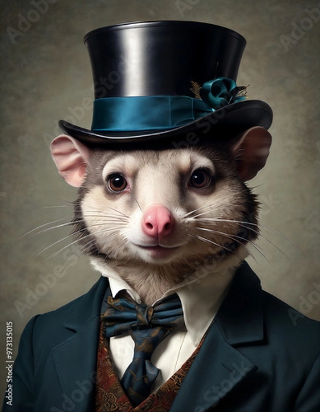 Obraz A dapper opossum dressed in a tuxedo and top hat poses elegantly against a dark background with sophisticated flair