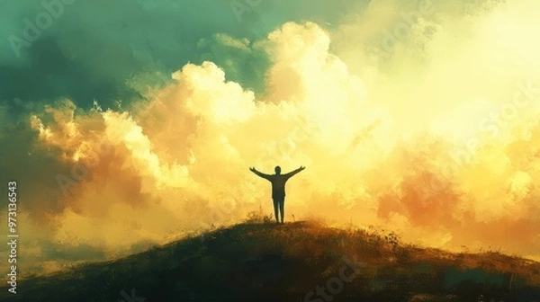 Fototapeta Embracing Freedom: Joyful Person on Hilltop with Arms Spread Wide