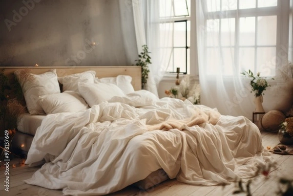 Fototapeta A serene bedroom scene with a luxurious, unmade bed bathed in natural light, evoking a sense of calm and comfort with soft, cozy textures in a minimalist setting.