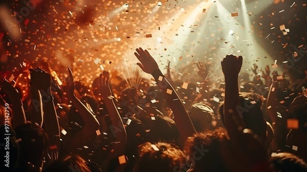 Obraz crowd of people celebrating at a concert with lots of lights and shaking