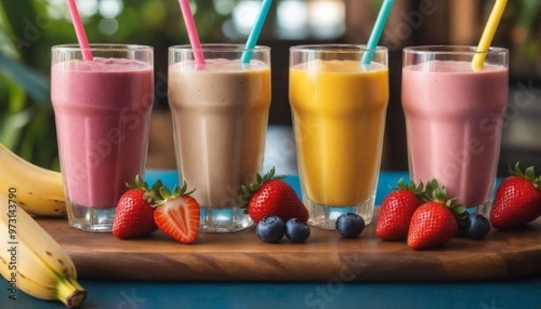 Obraz Colorful milkshakes and smoothies with strawberries bananas and blueberries