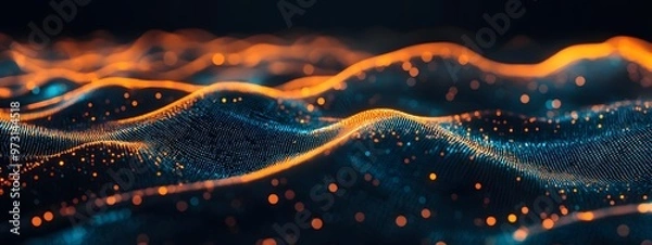 Fototapeta A dark background with orange and blue waves of data flowing across it, creating an abstract digital landscape
